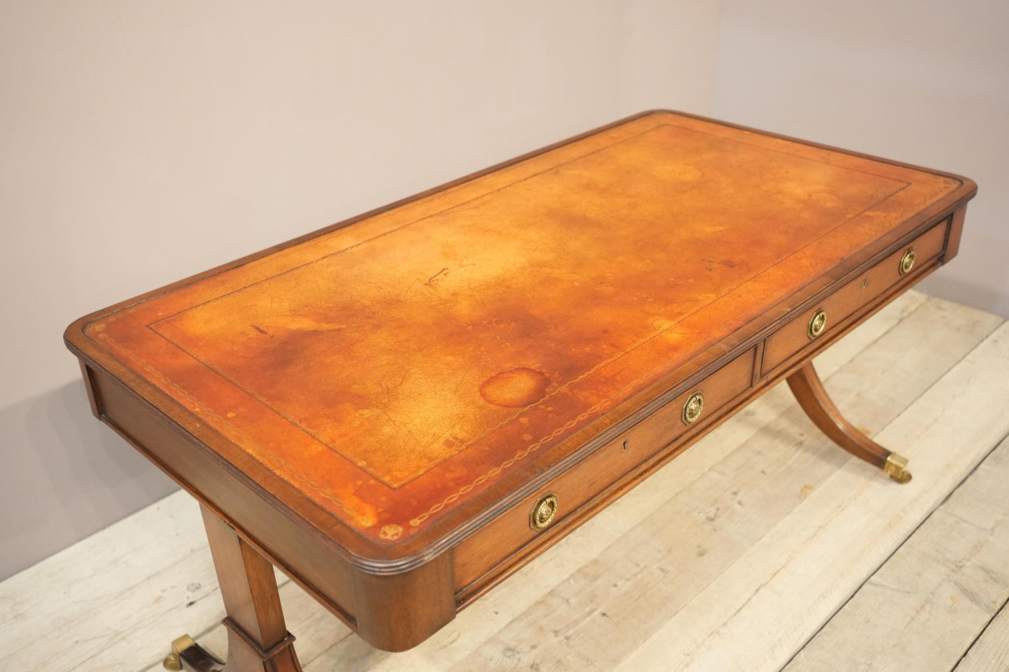 c.1920's Georgian style mahogany and tan leather desk