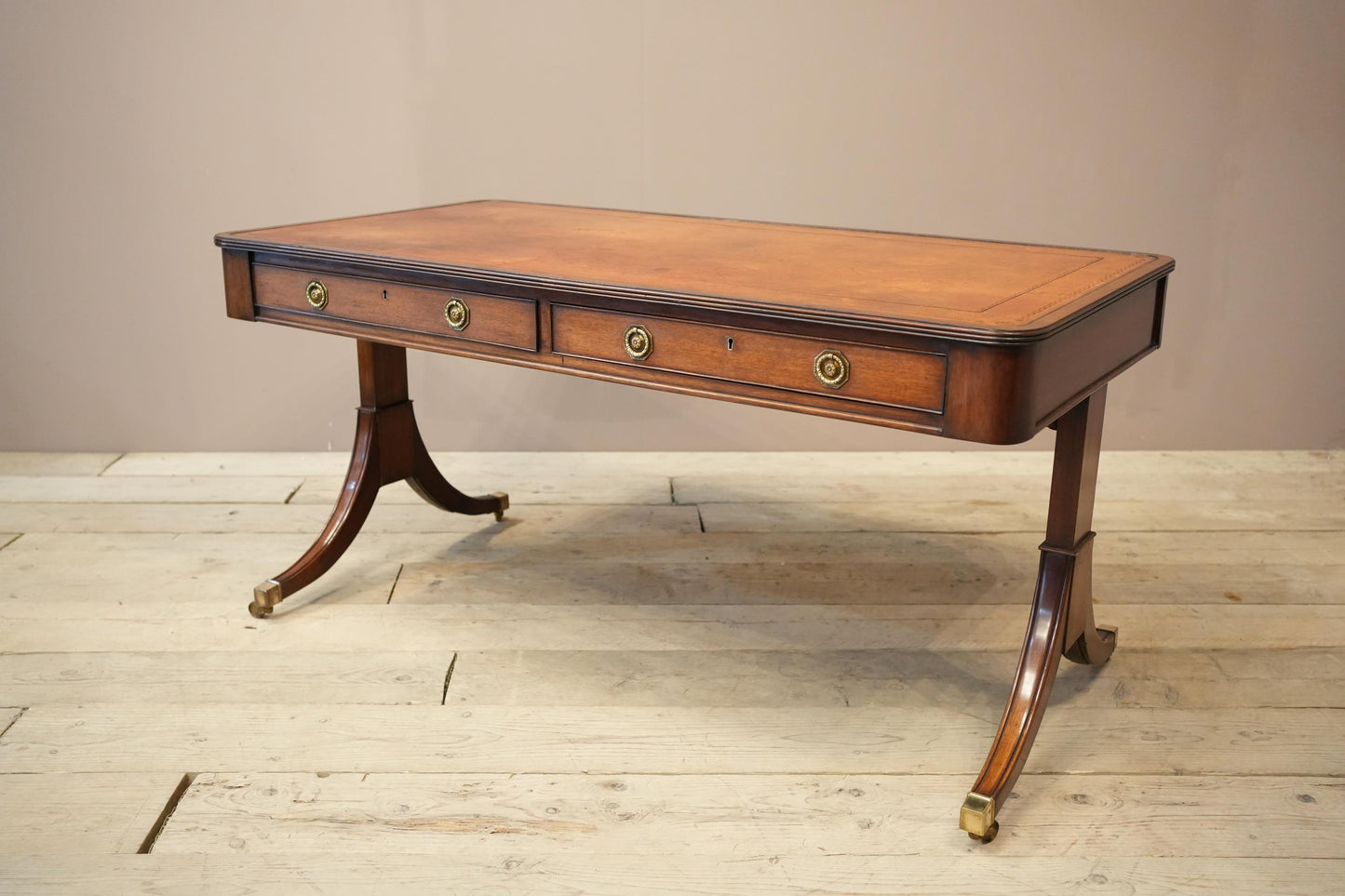 c.1920's Georgian style mahogany and tan leather desk