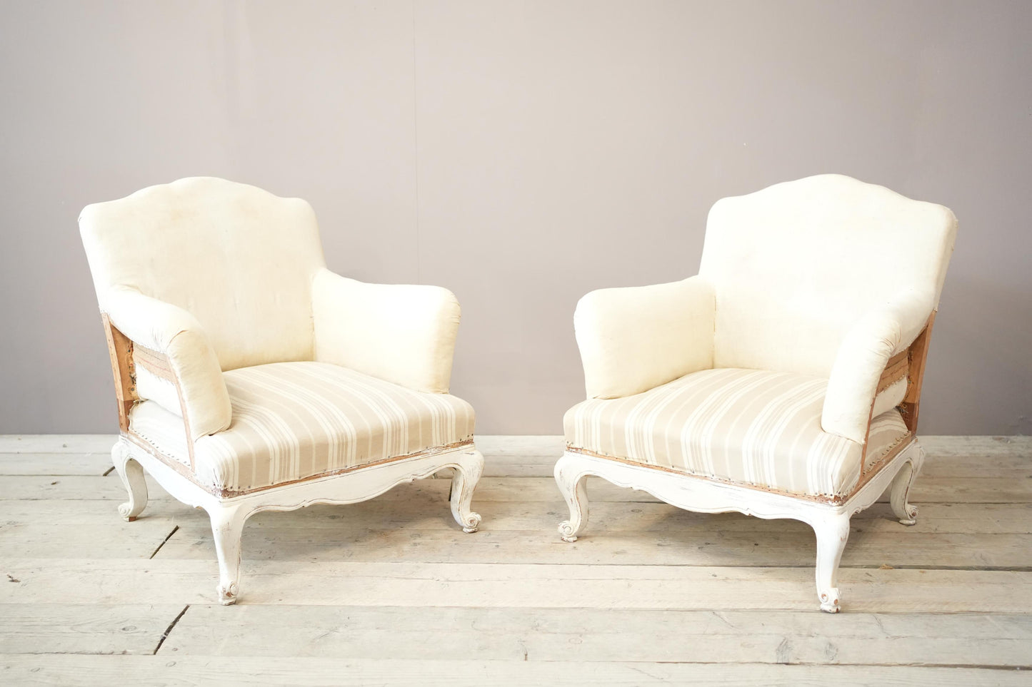Pair of large French shield back armchairs with painted frame