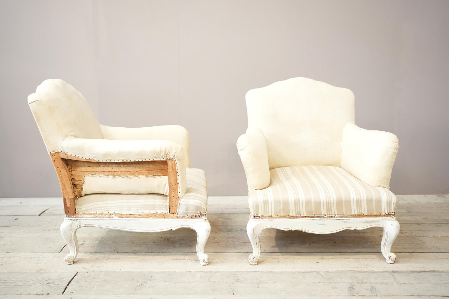 Pair of large French shield back armchairs with painted frame