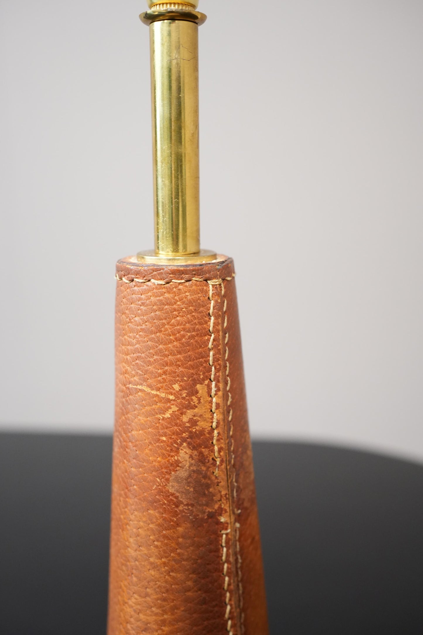 20th century Spanish leather covered and brass table lamp No1