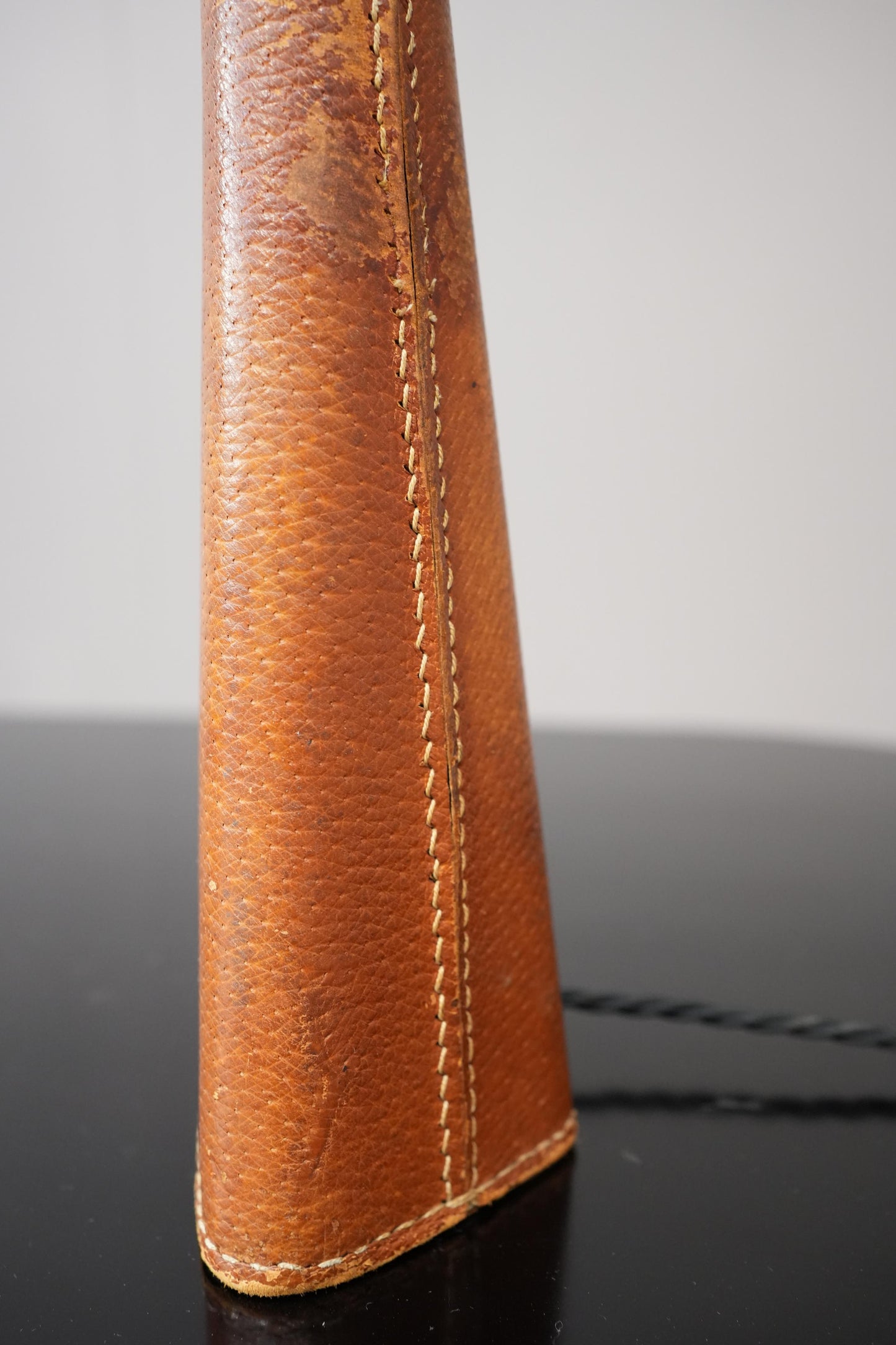 20th century Spanish leather covered and brass table lamp No1
