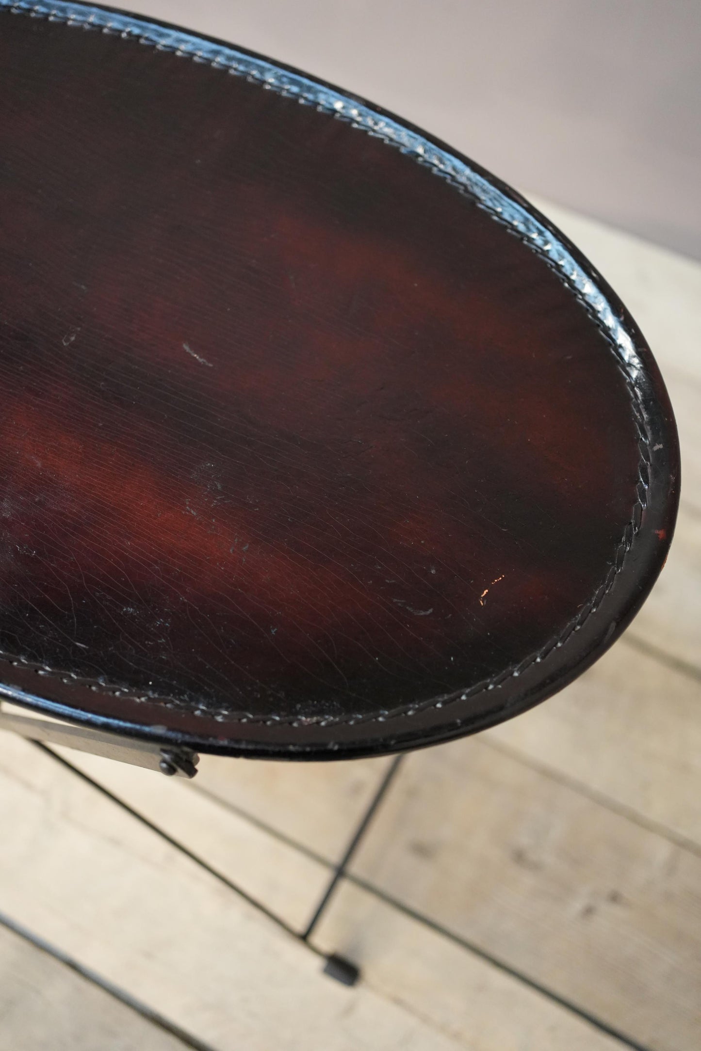 20th century leather and metal folding drinks table