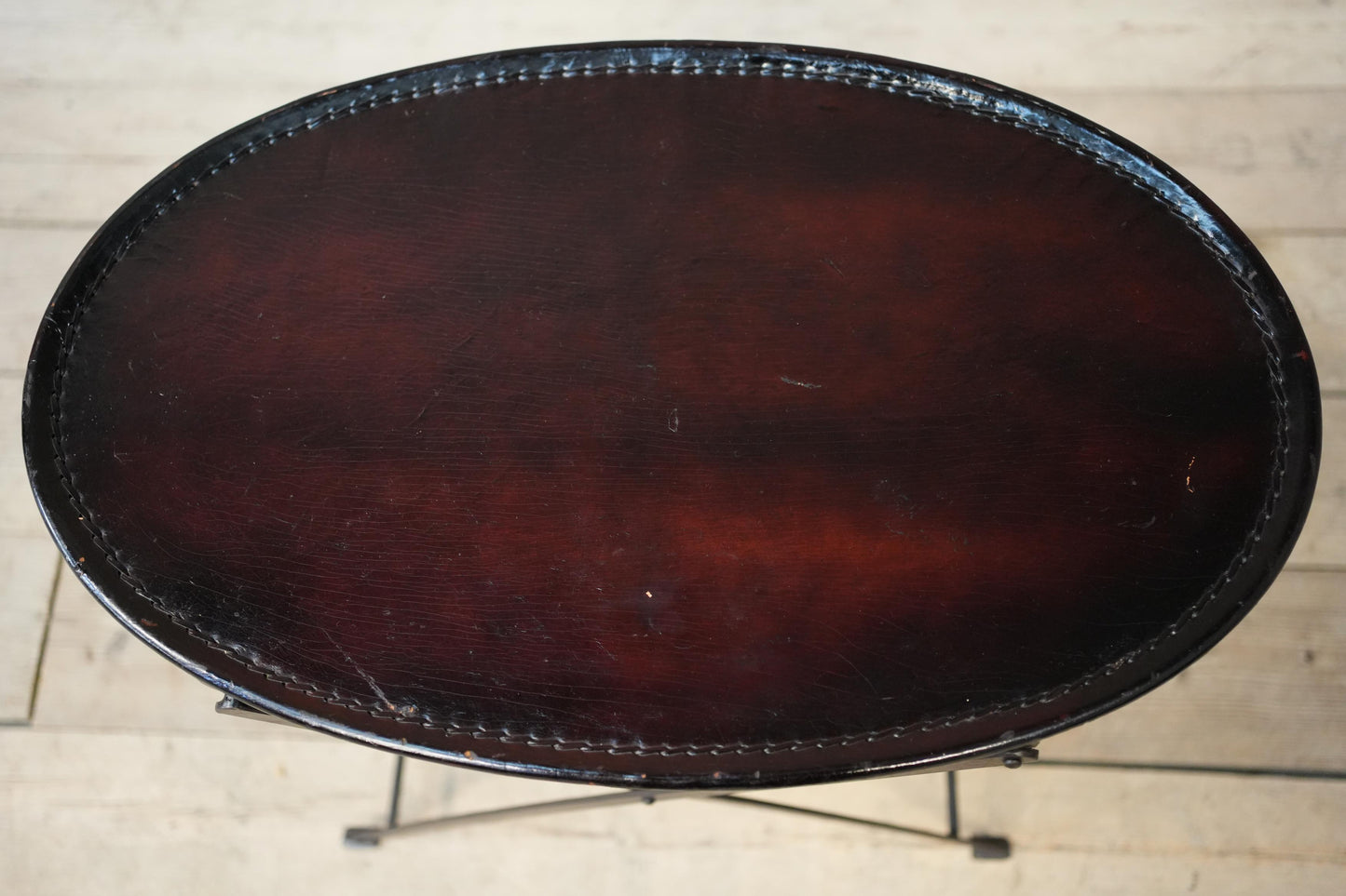 20th century leather and metal folding drinks table