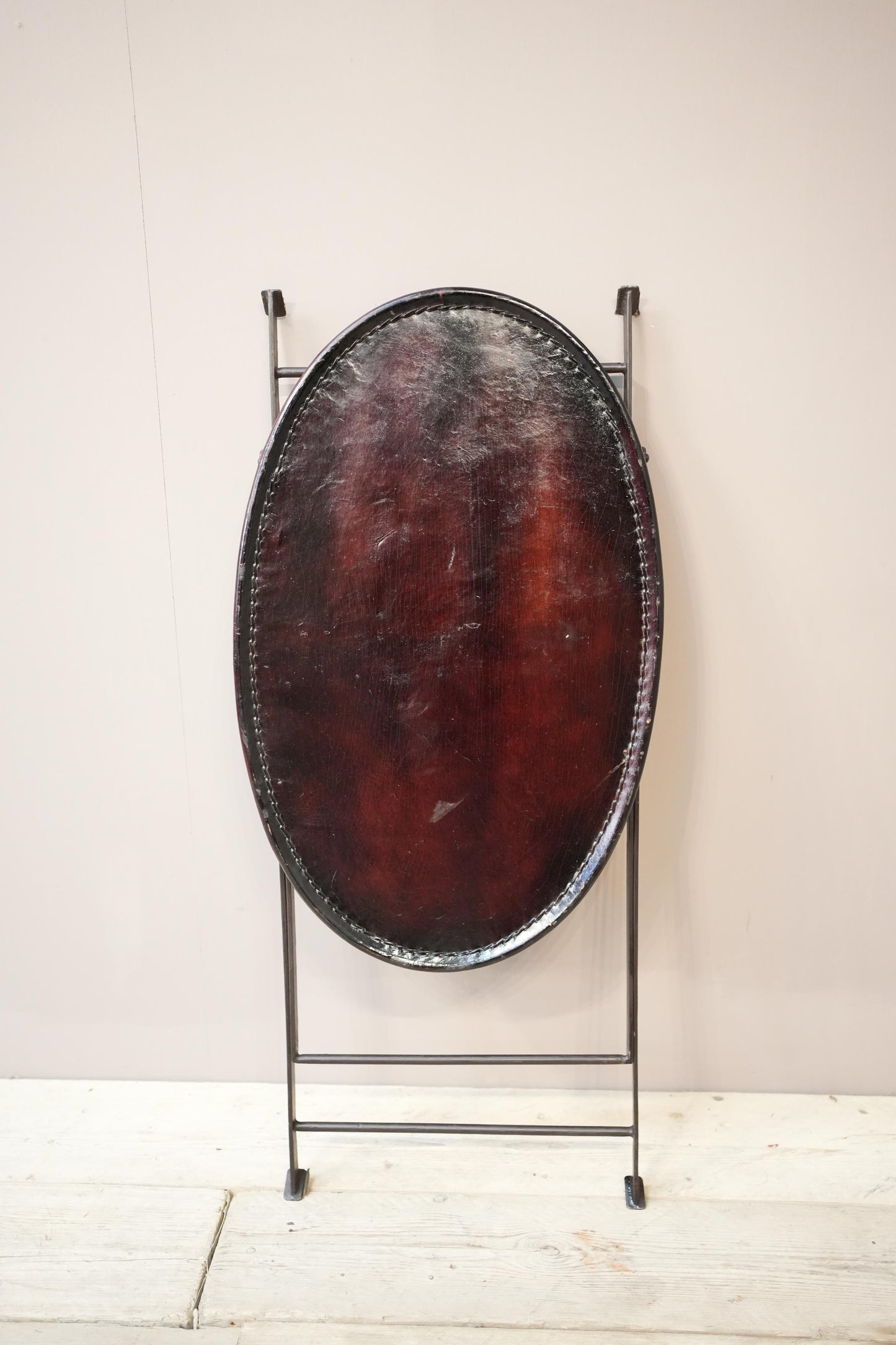 20th century leather and metal folding drinks table