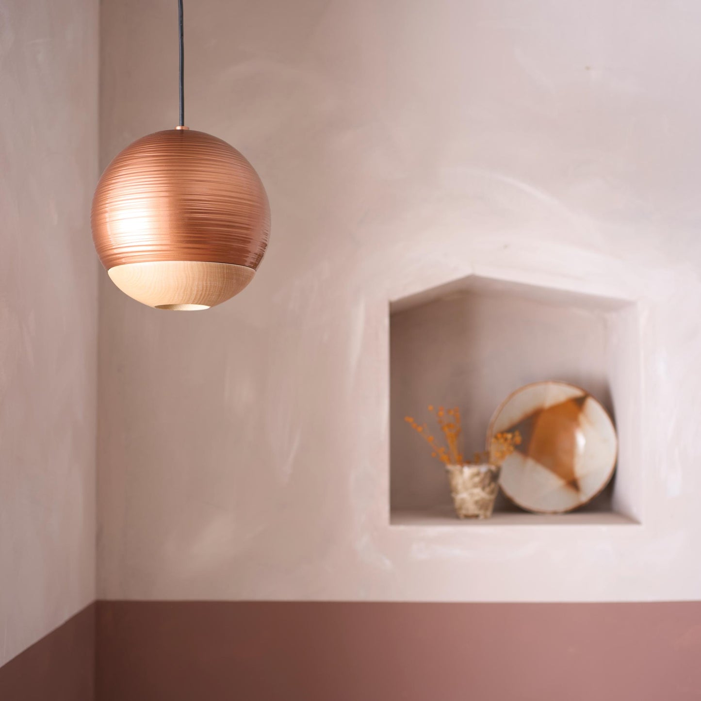 Italian detailed copper and beech globe lights