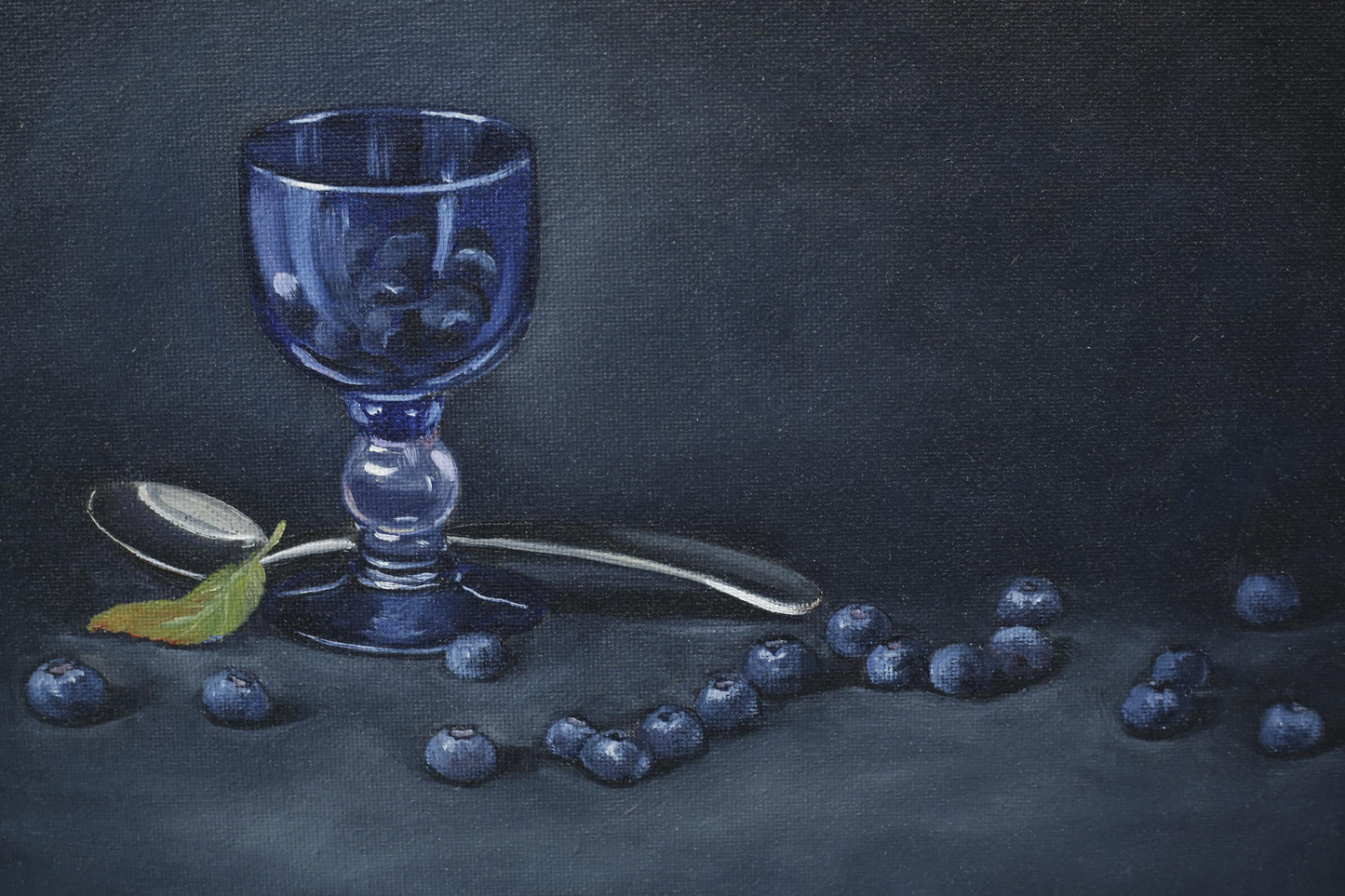 20th century blue glass and berry still life painting