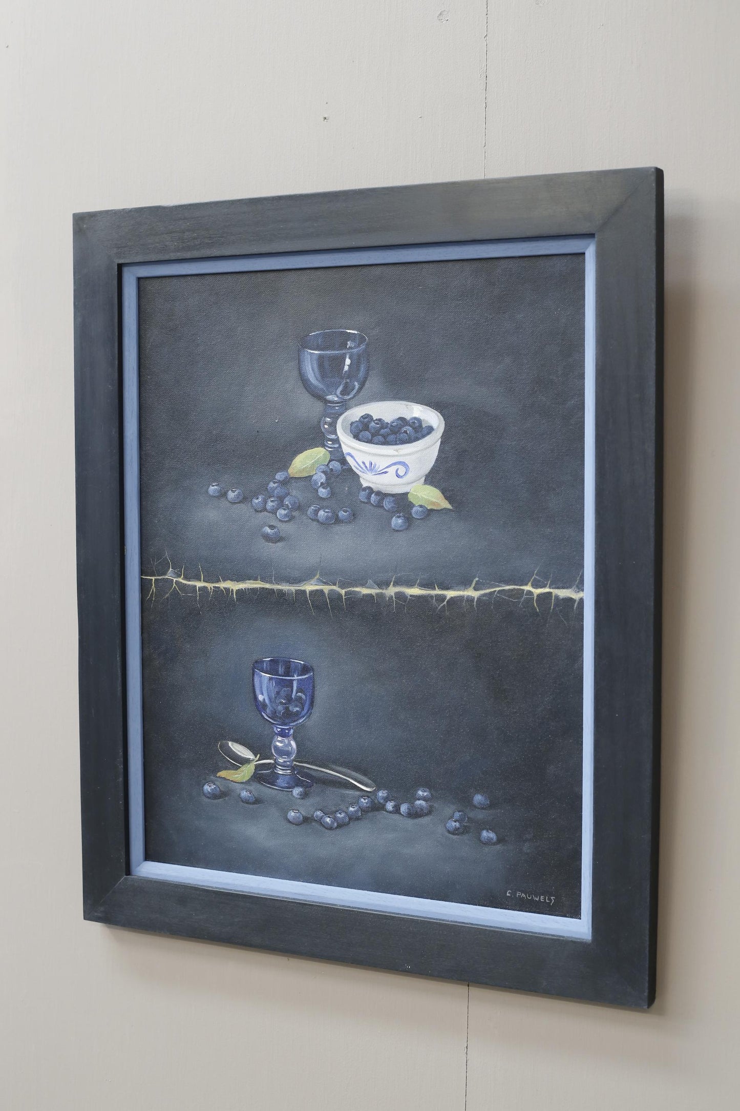 20th century blue glass and berry still life painting