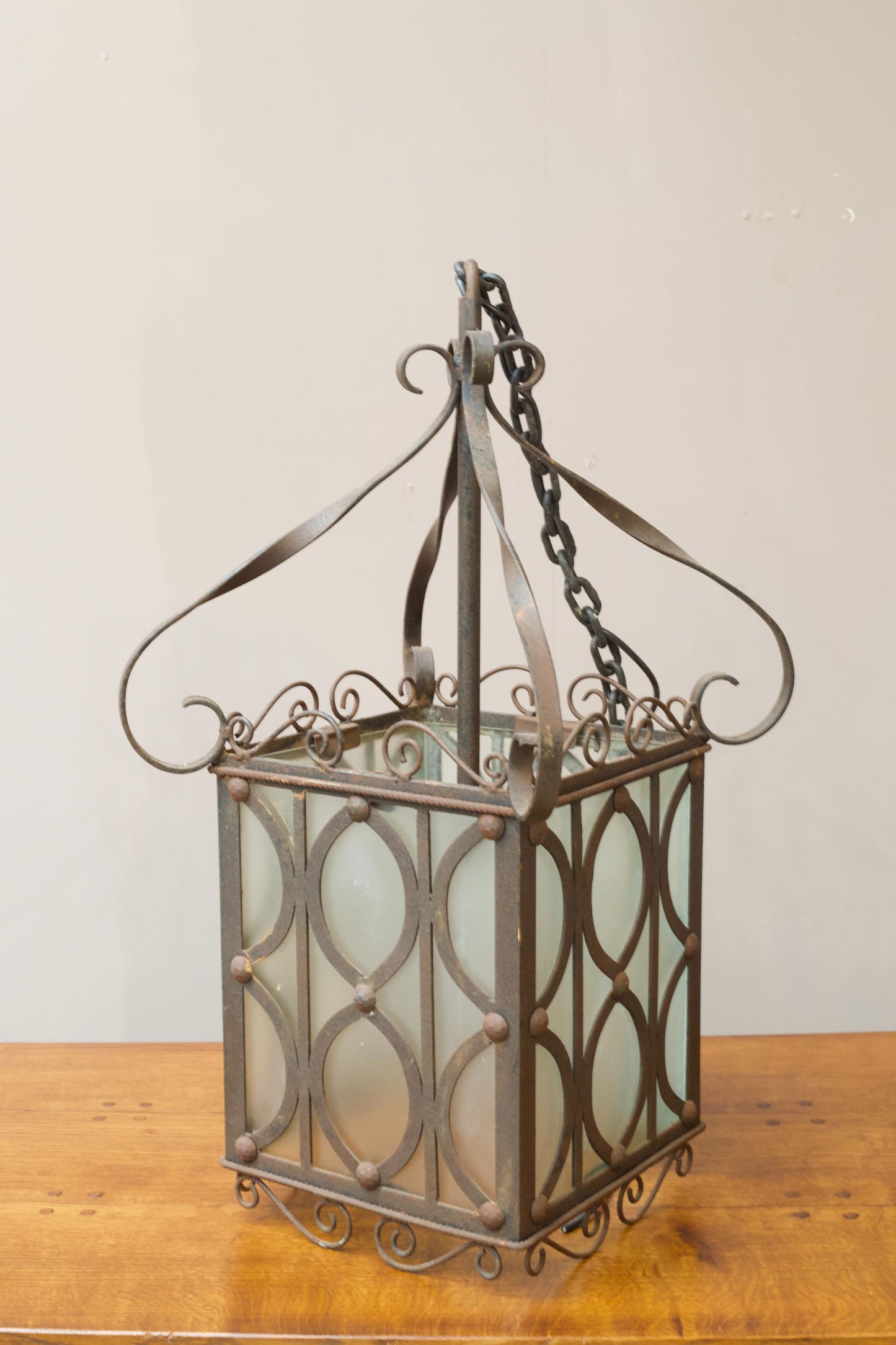 Pair of early 20th century Iron and frosted glass hanging lanterns