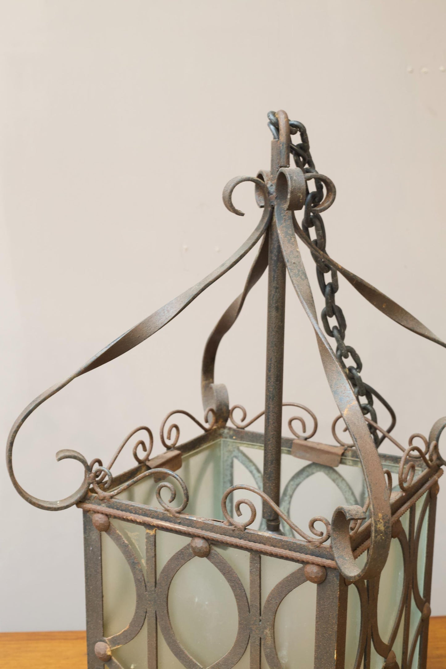 Pair of early 20th century Iron and frosted glass hanging lanterns