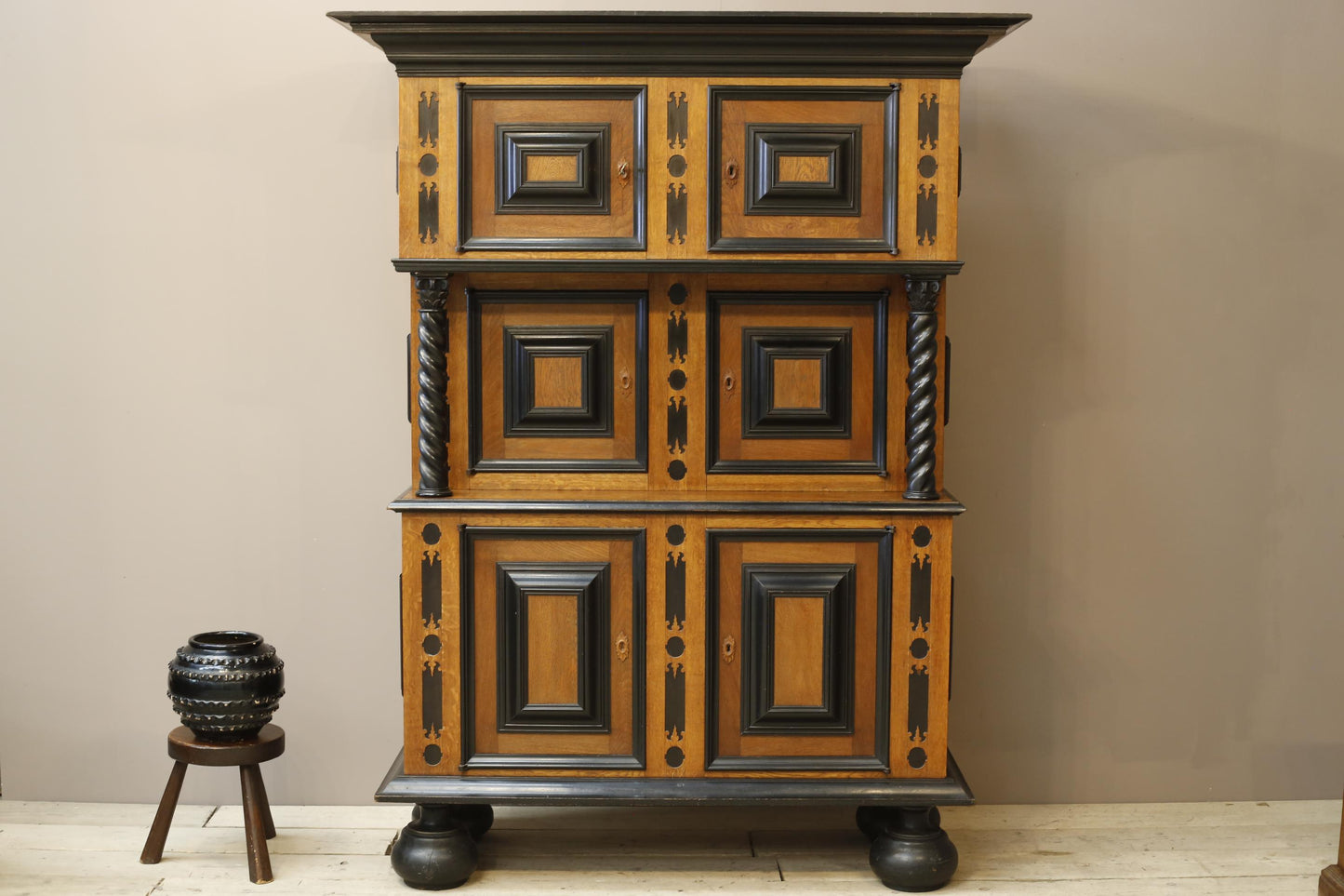 19th century Dutch oak and ebony Kas cupboard
