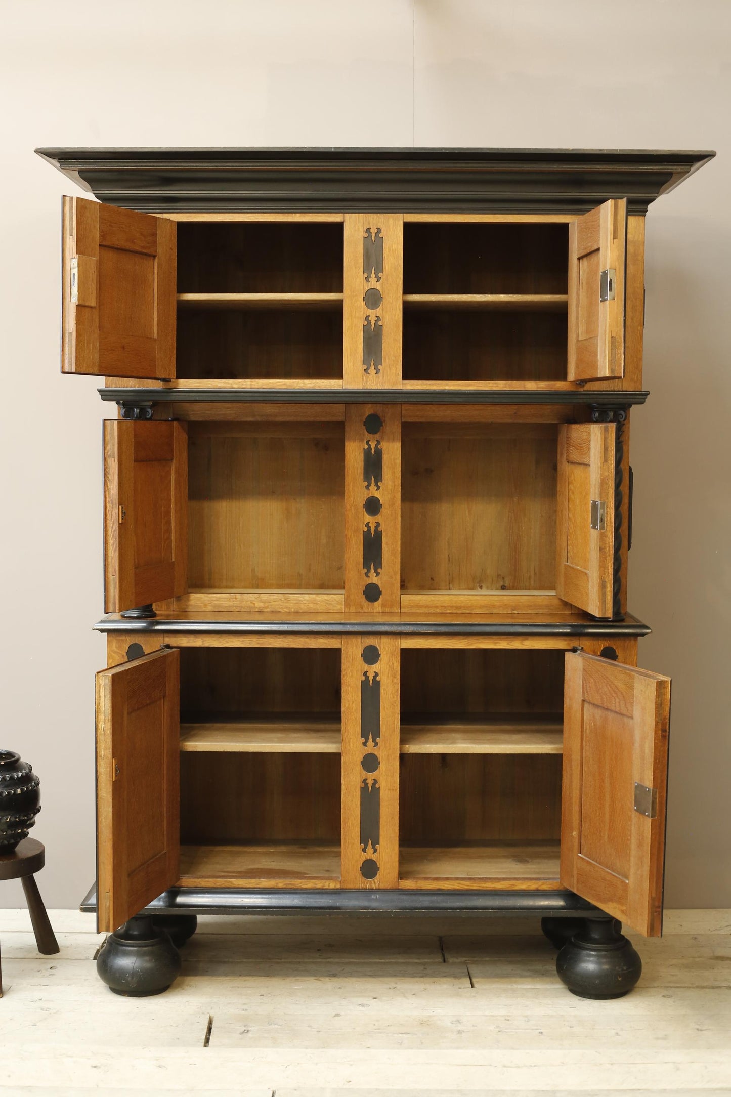19th century Dutch oak and ebony Kas cupboard