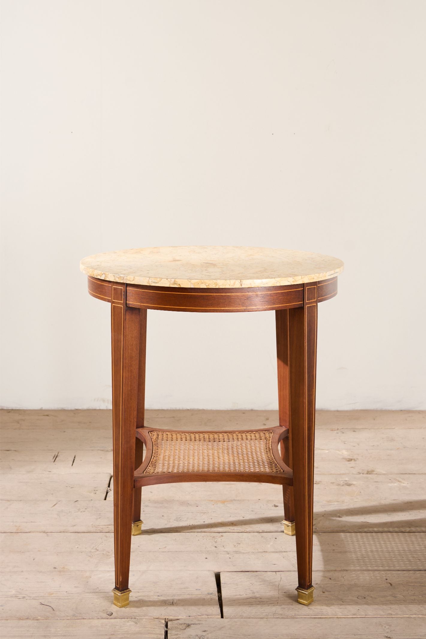 1920's mahogany yellow marble and rattan shelf Gueridon table
