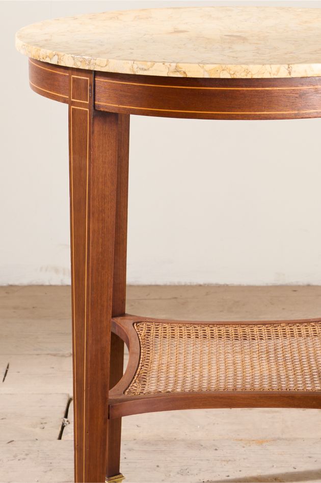 1920's mahogany yellow marble and rattan shelf Gueridon table
