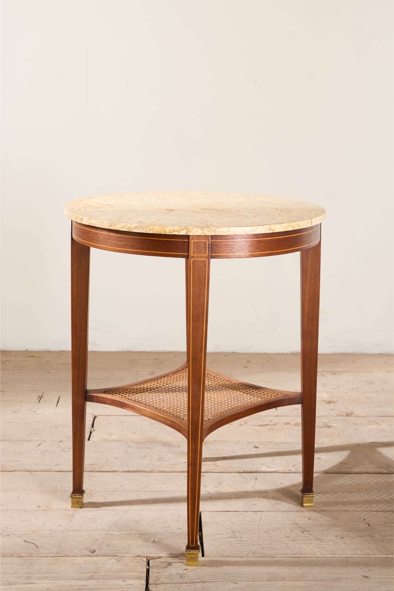 1920's mahogany yellow marble and rattan shelf Gueridon table