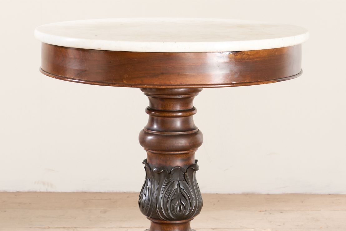 19th century Carved mahogany and white marble Gueridon table