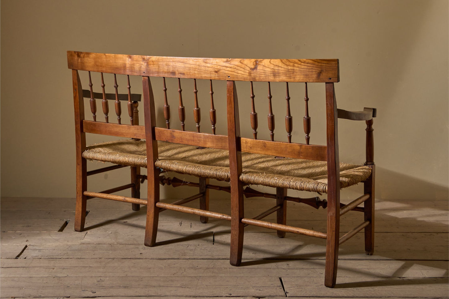19th century French rush seated hall bench