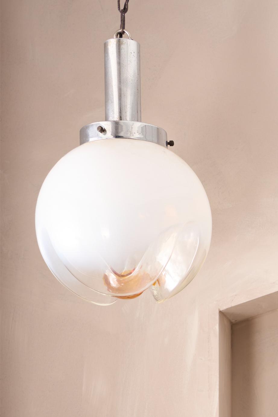 Amber and opaline Mazzega Murano glass Pendant lights - 2 available