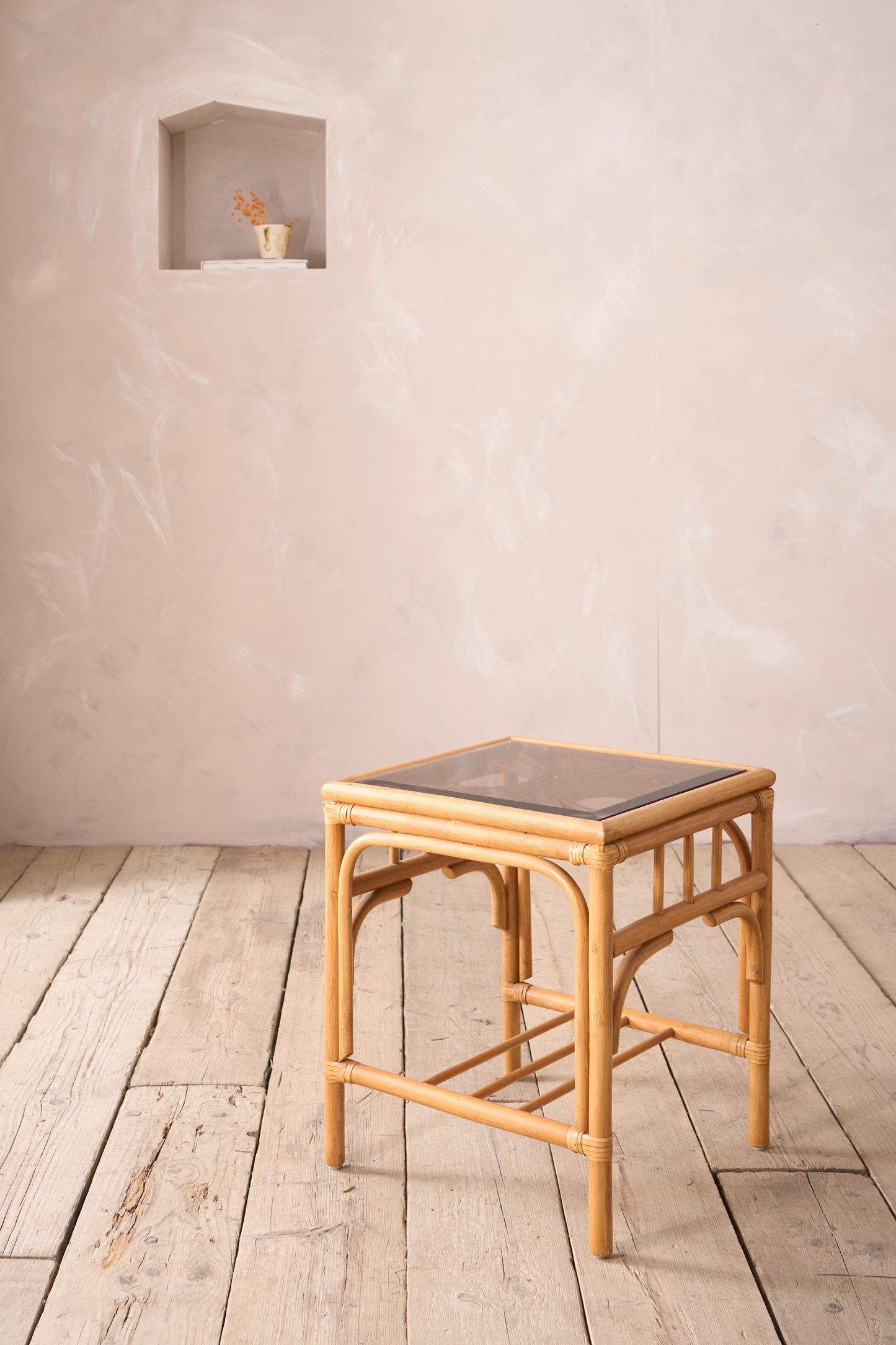 Mid Century Smoked Glass Top Bamboo Side Table