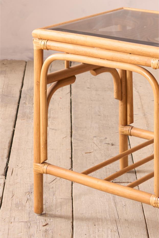 Mid Century Smoked Glass Top Bamboo Side Table