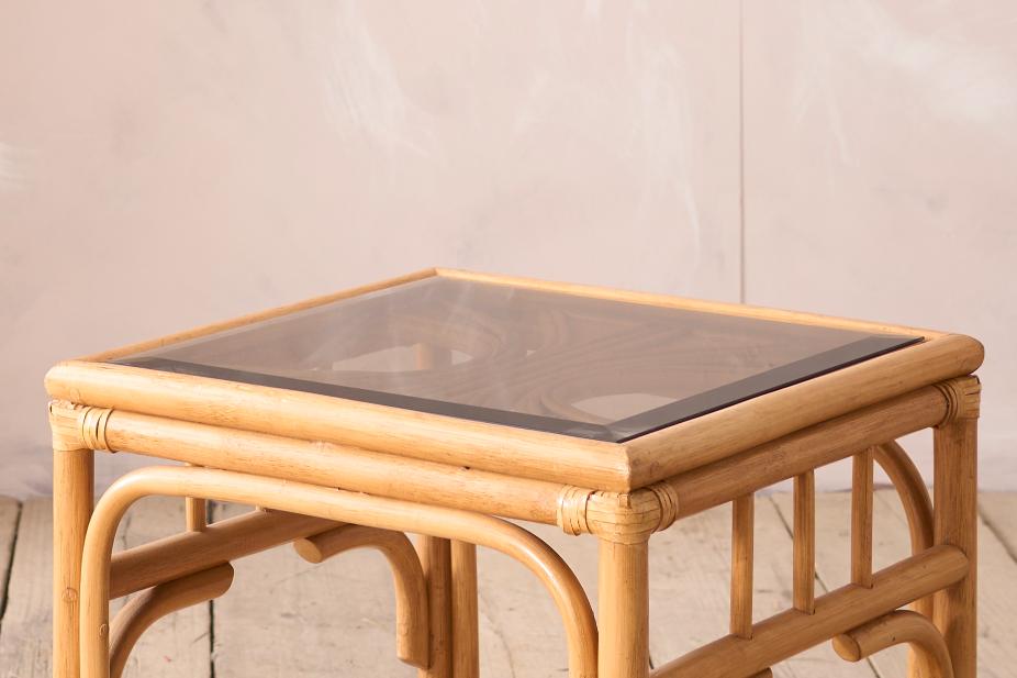 Mid Century Smoked Glass Top Bamboo Side Table