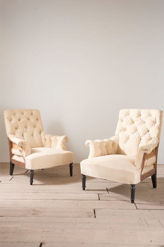 Pair of Napoleon III buttoned square back armchairs
