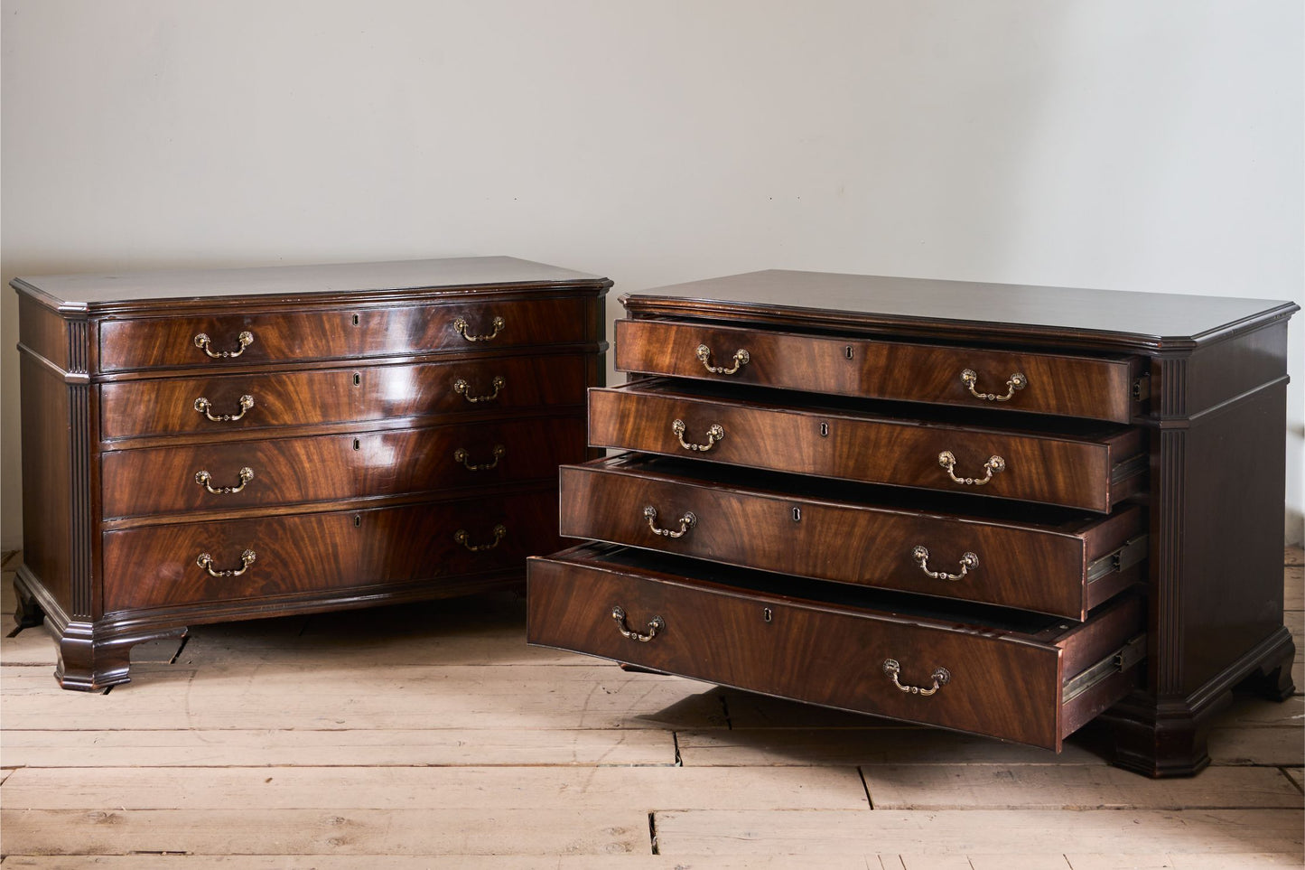Pair of 1920's Serpentine fronted mahogany Jewellers chest of drawers