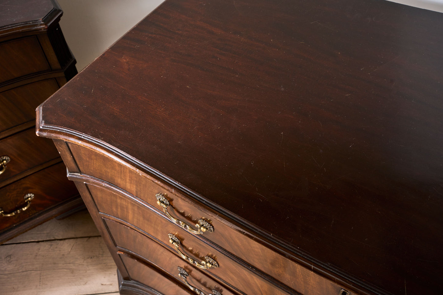 Pair of 1920's Serpentine fronted mahogany Jewellers chest of drawers
