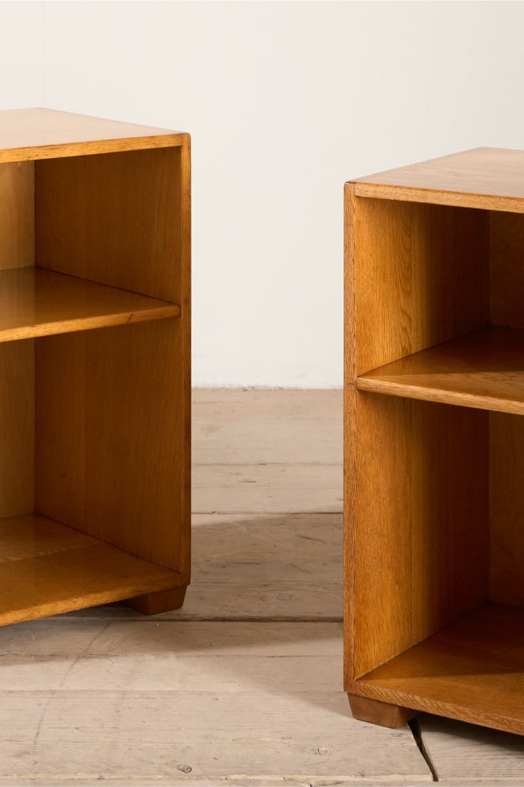 Pair of satin finish oak war department bedside tables