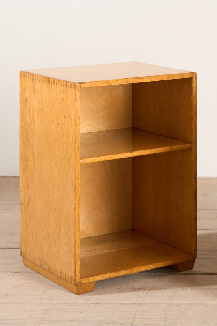 Pair of satin finish oak war department bedside tables