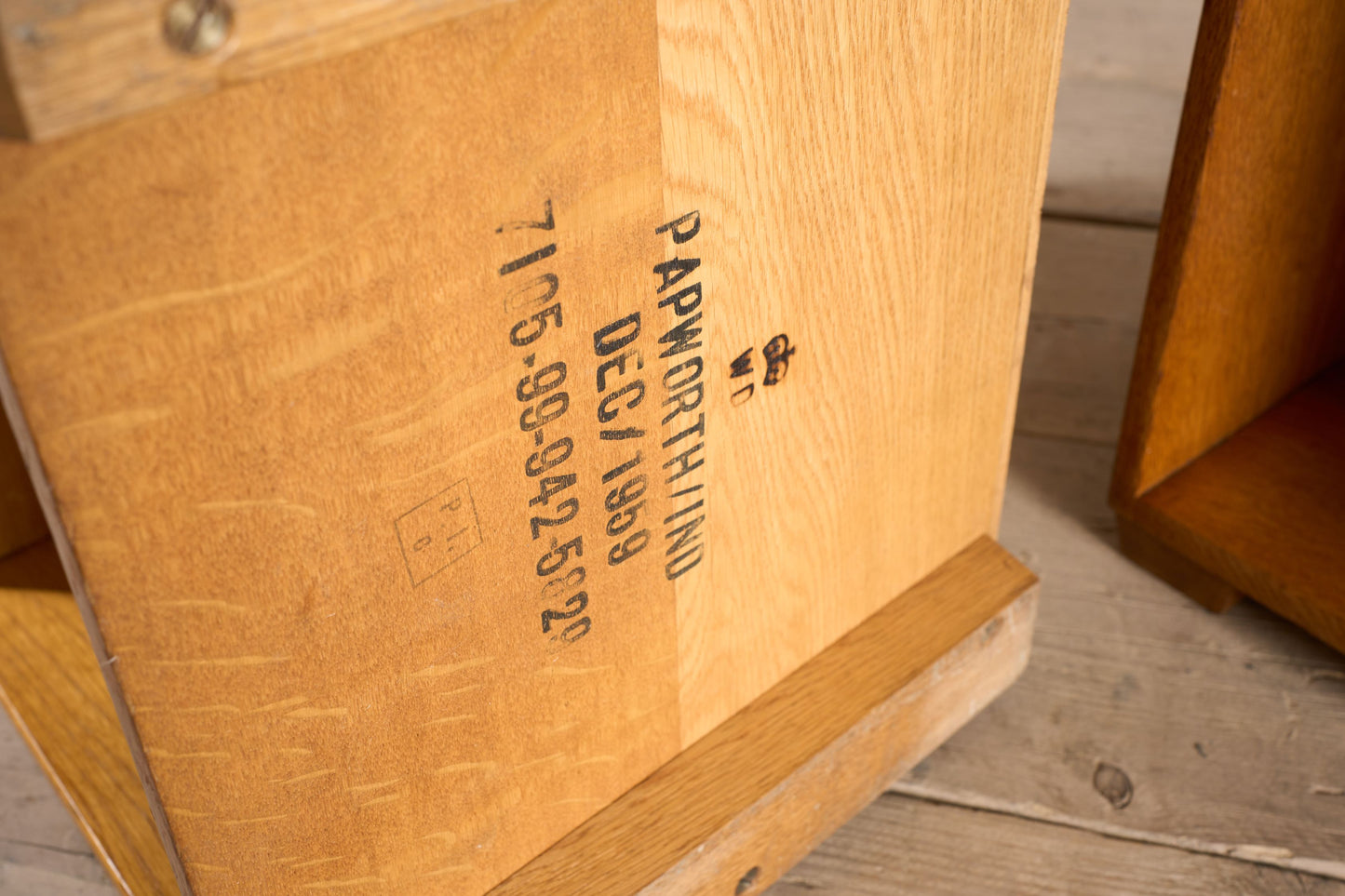 Pair of satin finish oak war department bedside tables