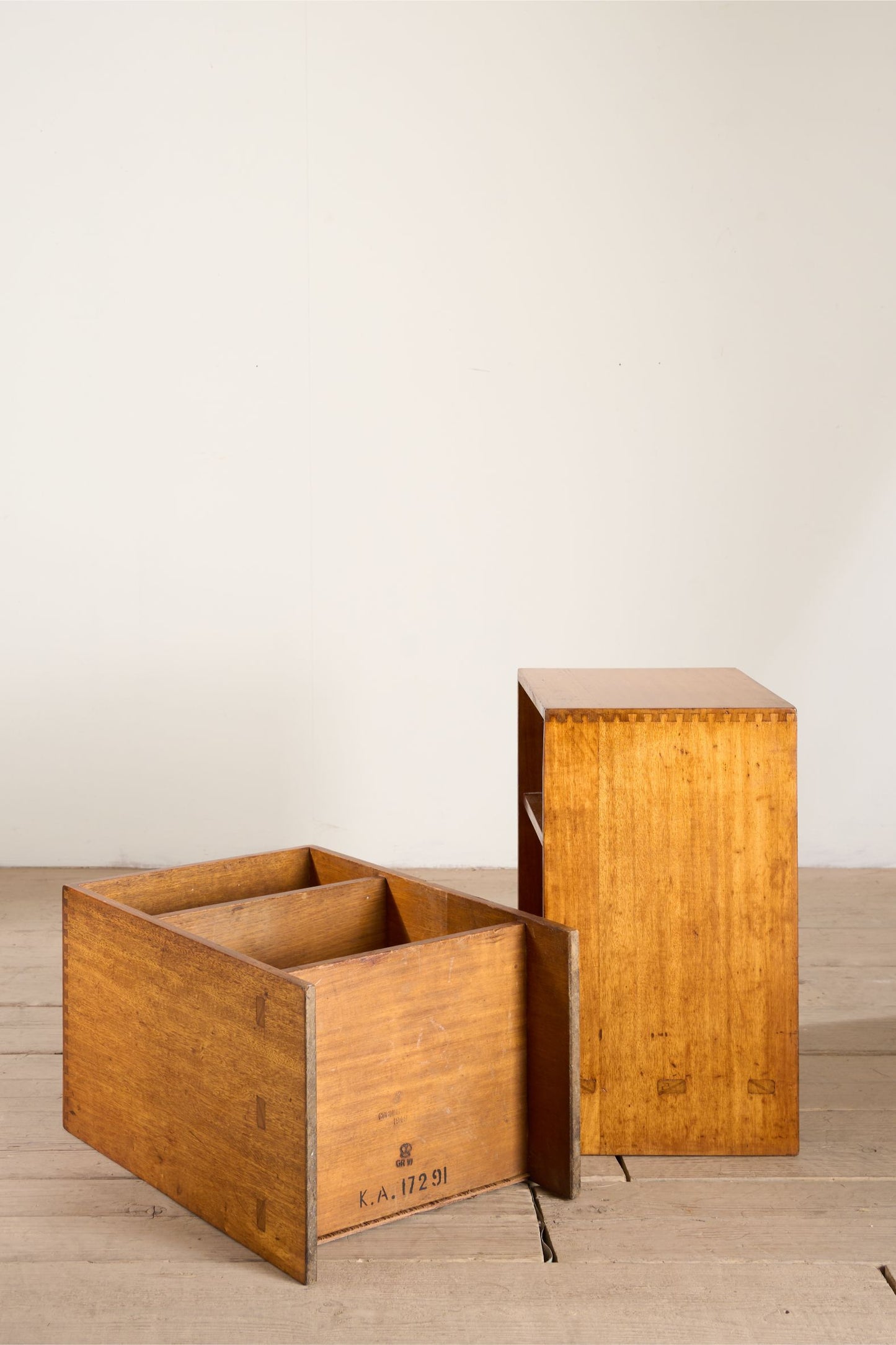 Pair of solid teak war department bedside tables
