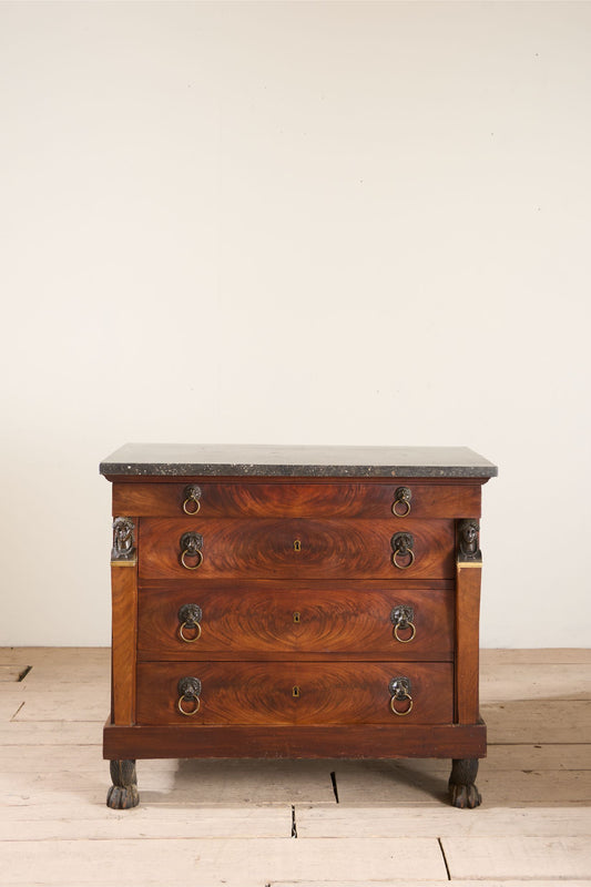 19th century French empire mahogany and fossil marble chest of drawers