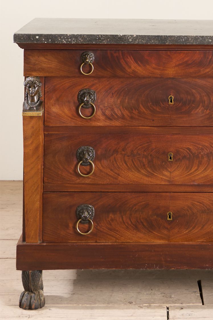 19th century French empire mahogany and fossil marble chest of drawers