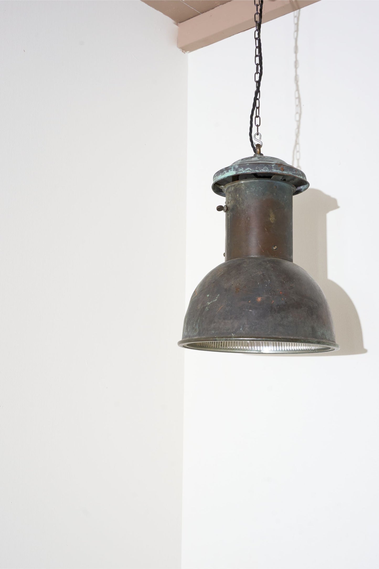 20th century patinated copper holophane pendant light
