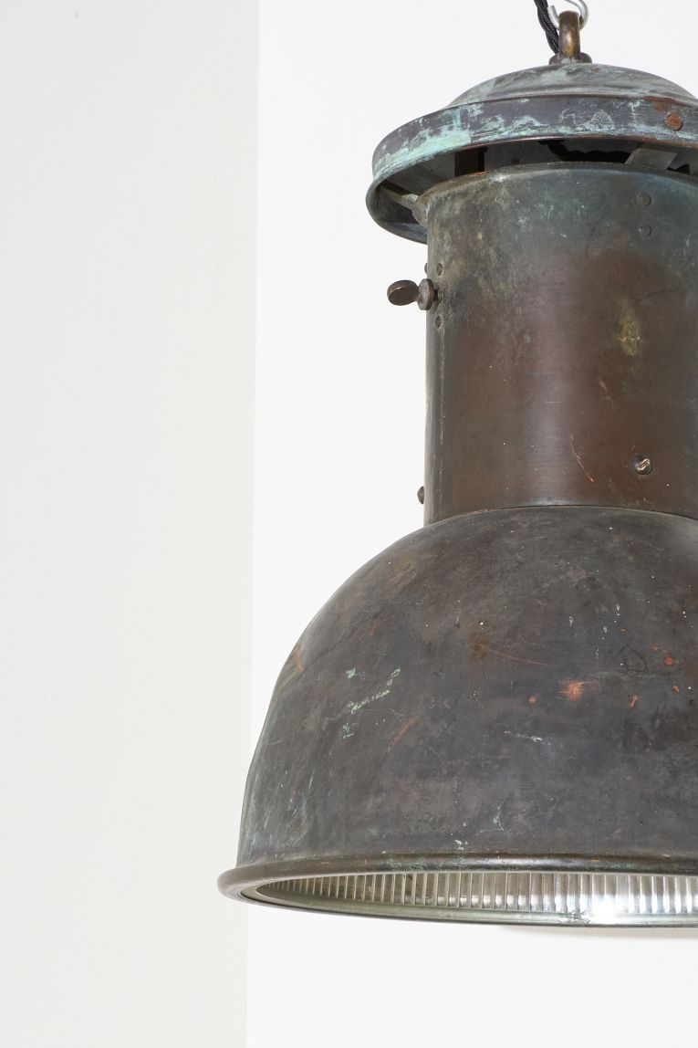20th century patinated copper holophane pendant light