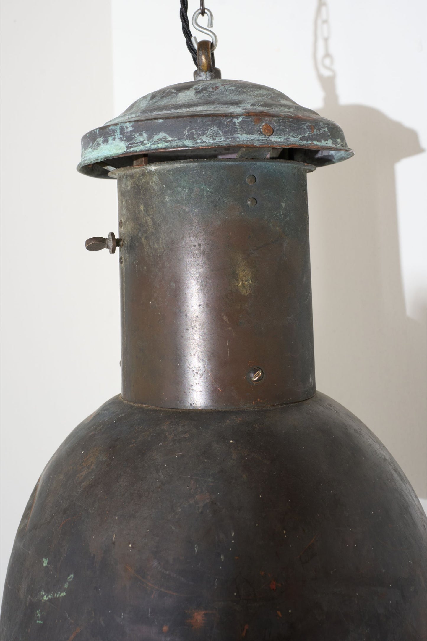 20th century patinated copper holophane pendant light