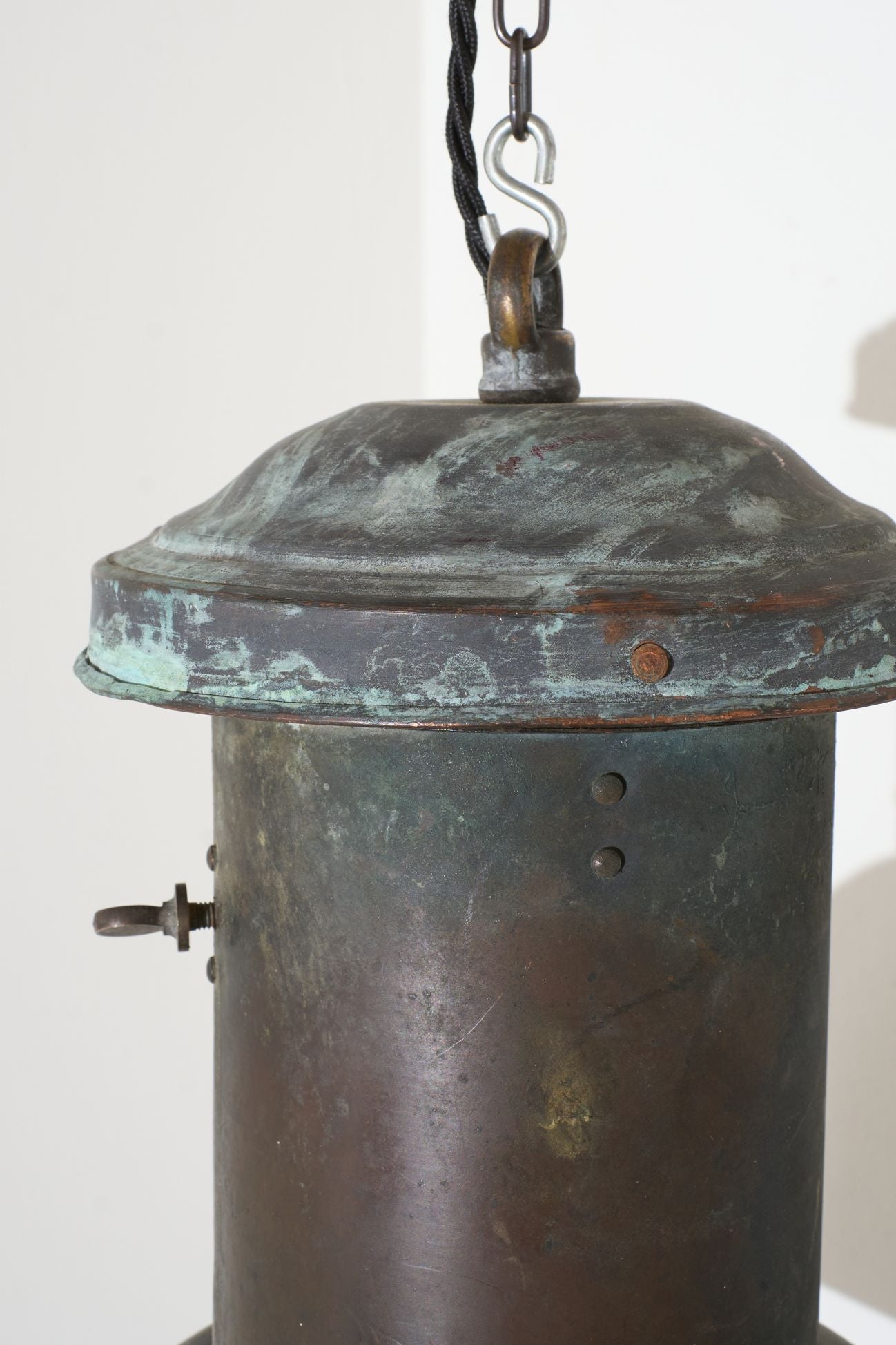 20th century patinated copper holophane pendant light