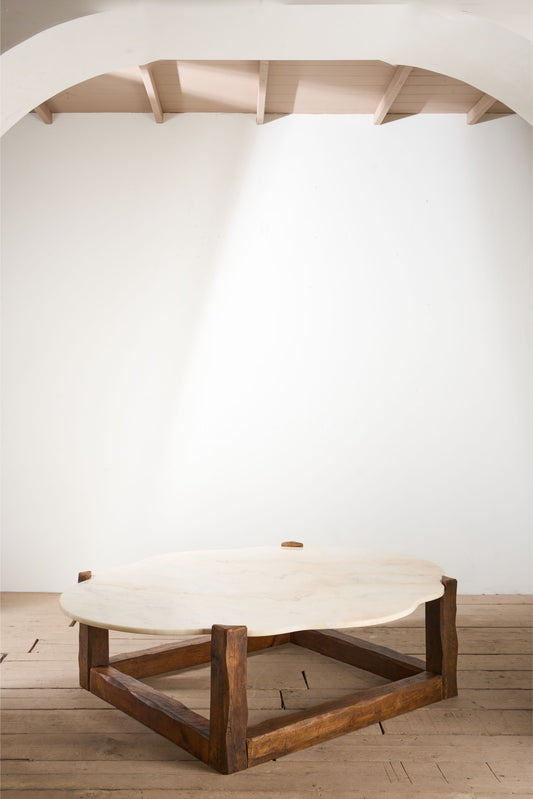 Large mid 20th century oak and polished stone coffee table