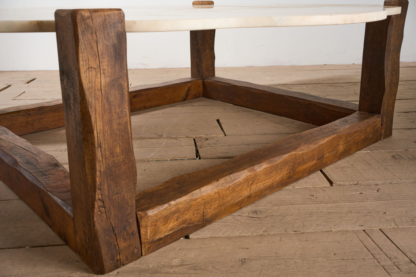 Large mid 20th century oak and polished stone coffee table