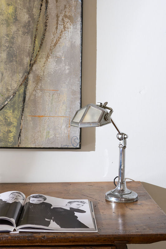 Art Deco Chrome desk lamp with frosted shade
