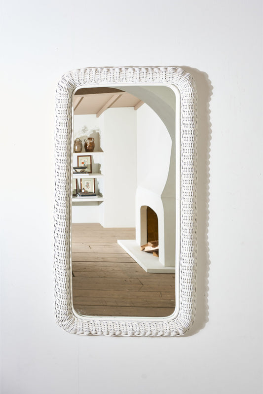 Large Vintage Italian wicker wall mirror - White