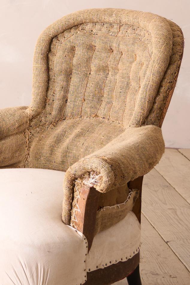 Pair of Napoleon III curved hessian back armchairs