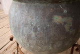 Large 19th century verdigris copper vat on iron stand