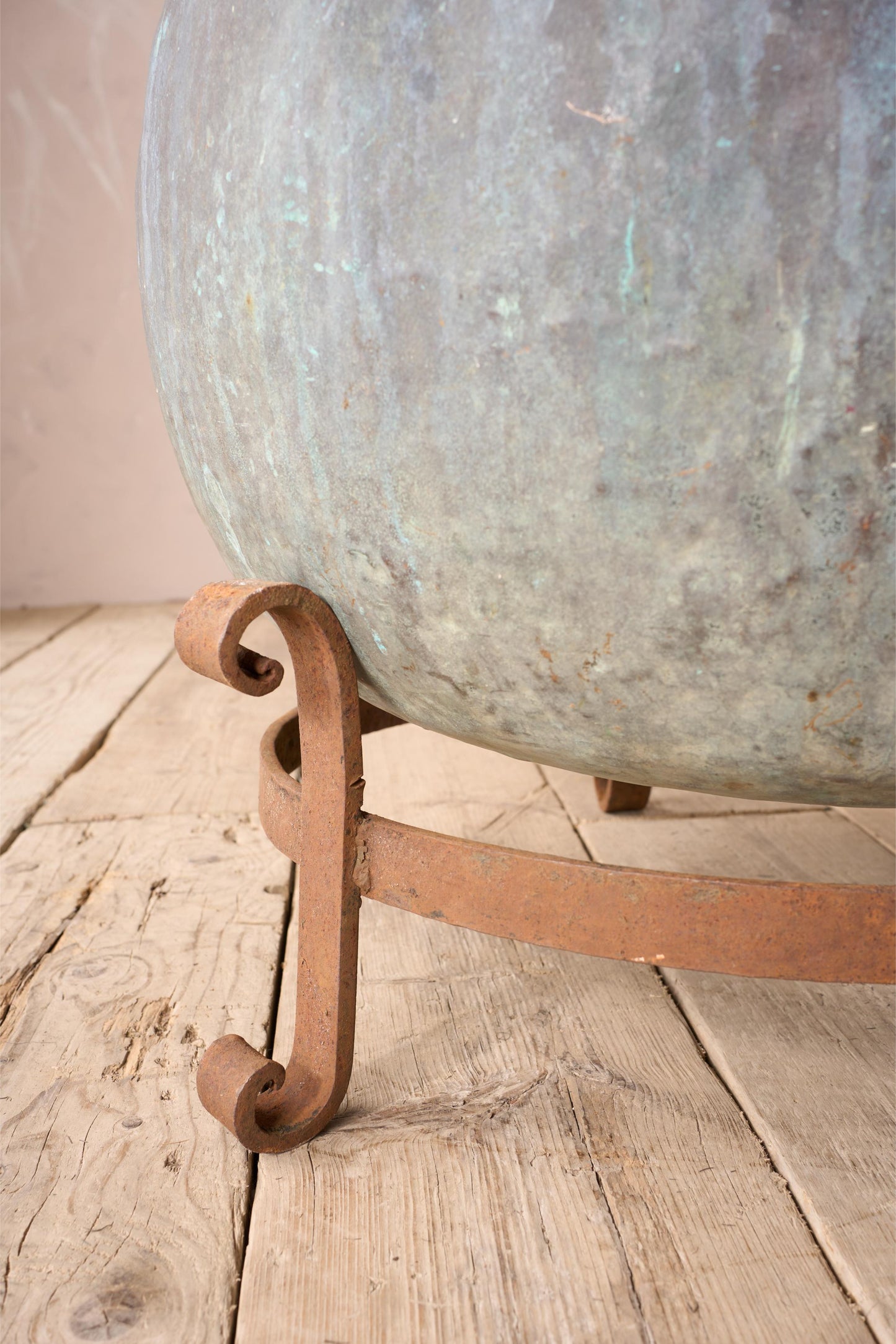 Large 19th century verdigris copper vat on iron stand