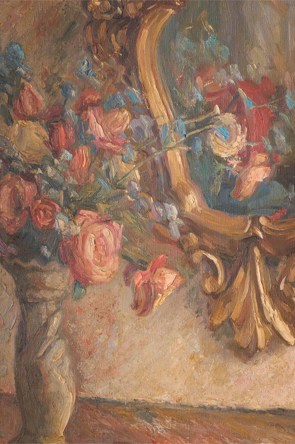 Early 20th century oil on canvas painting of a mirror with flowers