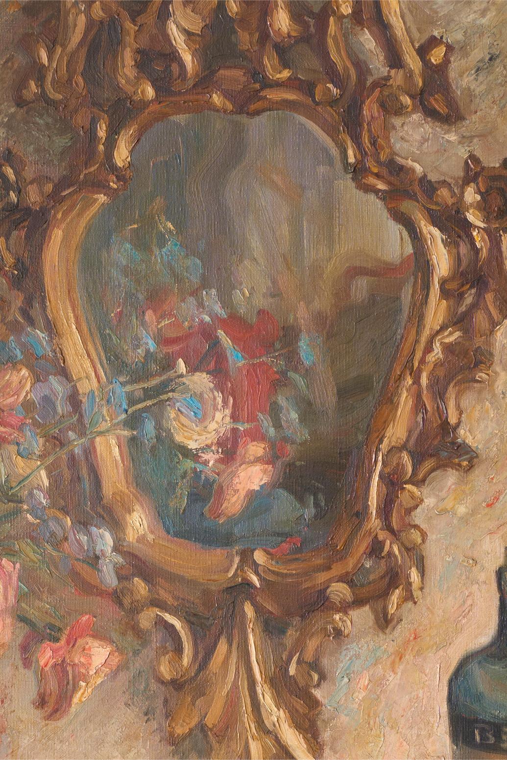 Early 20th century oil on canvas painting of a mirror with flowers