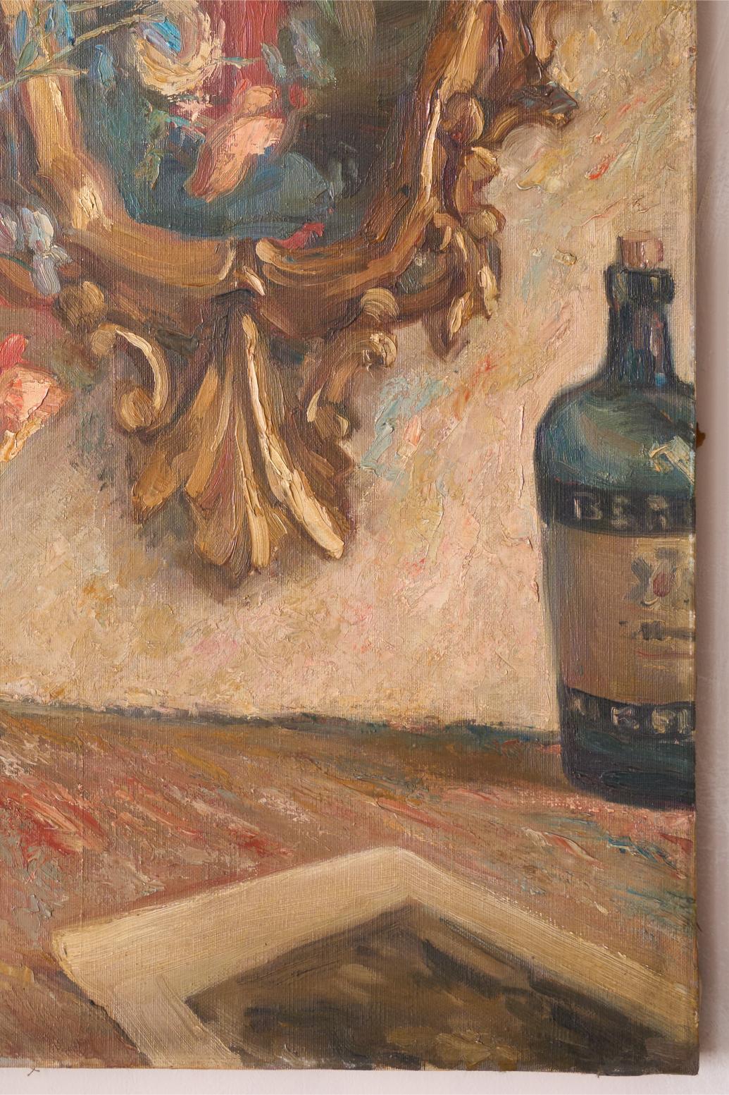Early 20th century oil on canvas painting of a mirror with flowers