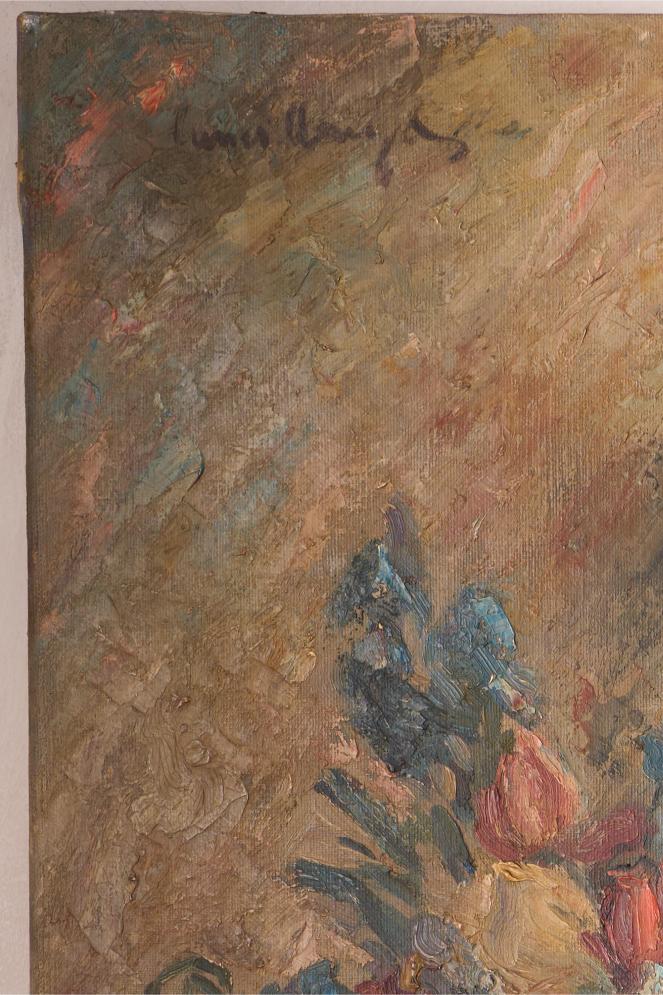 Early 20th century oil on canvas painting of a mirror with flowers