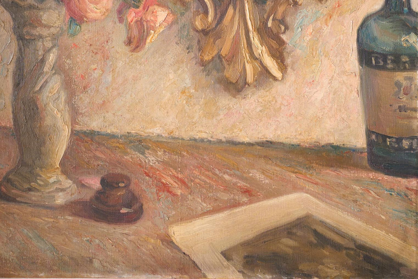 Early 20th century oil on canvas painting of a mirror with flowers